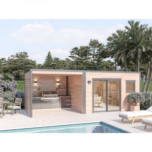Poolhouse Design 21m2 - Bois Douglas Epaisseur 55mm - Baie Vitree Alu - Toiture Acier Avec Voliges