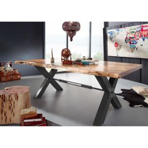 Image de Table à manger 180x110cm - Bois massif d'acacia laqué (Bois naturel/Anthracite) - IRON LABEL #185