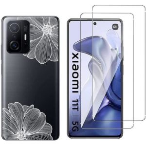 Novago Coque pour Xiaomi Mi 11T - Mi 11T Pro 5G et 2 protections &eacute;cran Verre Tremp&eacute; [Fleur blanche]