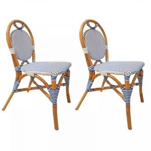 Lot 2 chaises bistrot en rotin naturel cannage bleu et blanc - PIGALLE
