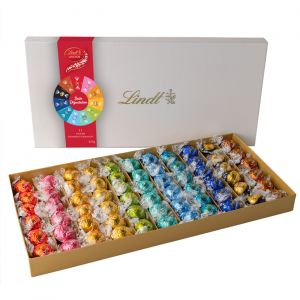 Lindt Boîte Rainbow - Assortiment en papillotte boules de chocolat au lait, noisette, praliné et noir - 825 g