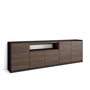 Skraut Home - Buffet salon et cuisine, Meuble de Rangement, Commode, 260x80x37 cm, 5 Portes, Meuble chaussure, Style moderne, Ch&ecirc;ne fonc&eacute; et Noir
