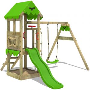 Fatmoose Aire de jeux Portique bois FriendlyFrenzy avec balançoire et toboggan Maison enfant exterieur avec bac à sable, échelle d'escalade & accessoires de