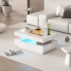 Table basse 80x50x36 cm, led, 4 tiroirs + 3 compartiments, Surface brillante, design moderne pour salon/chambre, blanc