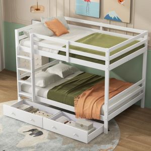 Lit superposé 140x200 cm, lit superposé enfant avec 2 tiroirs et garde-corps hauts, cadre de lit en pin, blanc, sans matelas