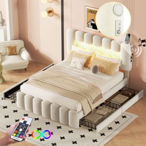Lit rembourré 140x200cm avec 4 tiroirs - avec LED + USB port de charge + Lecteur - Beige