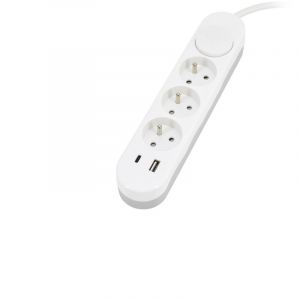 Rallonge &eacute;lectrique multiprises - 3 prises + 2 ports usb - C&acirc;ble 2m - Blanc - Protection IP20