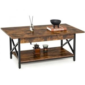 Costway Table Basse À 2 Niveaux, 110 X 60 X 48 Cm, Avec Cadre Métallique En Forme X, Pieds Réglables, Style Industrielle, Marron