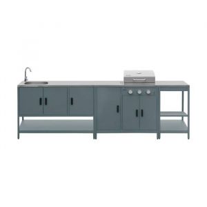 Cuisine ext&eacute;rieure Naxos 3 modules acier inoxydable bleu gris avec barbecue gaz 3 br&ucirc;leurs
