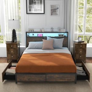 Cadre de Lit Double avec LED Charge 300KG Industriel marron 140x200cm