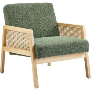 Fauteuil en cannage et tissu boucl&eacute; vert - Mani