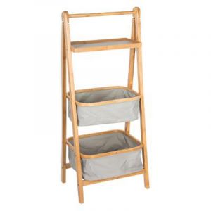 Image de Etagère Pliante en Bambou Beige avec 2 Paniers et 1 Plateau Gris PANO