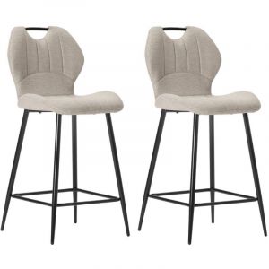Lot de 2 tabourets de bar en tissu polyester maill&eacute; beige avec poign&eacute;e et pieds en m&eacute;tal laqu&eacute; noir - MILDA