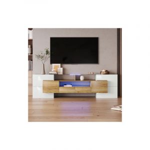 Wishdor - Meuble tv 200 cm, meuble tv blanc et bois avec &eacute;clairage led, surface en verre, pour salon