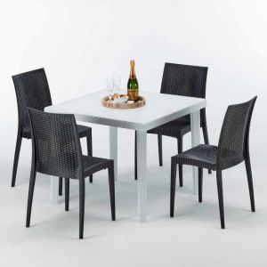 Image de Grand Soleil Table carrée et 4 chaises Poly rotin resine colorées 90x90 blanc | Bistrot Anthracite noir