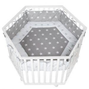 Roba Parc, parc hexagonal, parc sûr avec tour de parc 'Little Stars' et roulettes avec freins, parc bébé, laqué en blanc, hauteur 72,5cm, bois massif hêtre, réglable sur 3 hauteurs, 6 roulettes