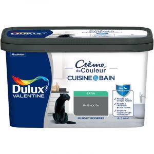 Dulux Valentine Peinture Intérieure Crème de Couleur Cuisine et Salle de Bain - Pièces Humides Murs et Boiseries - Résistant aux taches et à l'humidité - Satin Anthracite 2 L