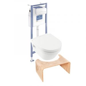Villeroy & Boch Pack WC sans bride Architectura abattant + bâti-support sol et mur + plaque blanche + Tabouret bois
