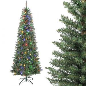 Homcom Sapin de Noël Artificiel 210 cm, Arbre de Noël Fin avec 350 lumières Blanches Chaudes et Multicolores, 9 Modes d'éclairage, 1273 Pointes de Branche articulée, Support en métal Pliable, Vert
