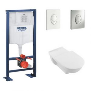 Image de Villeroy & Boch Cuvette wc sans bride PMR O Novo Vita + abattant + bati support GROHE + plaque de commande, plaque blanche