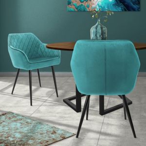 ML-Design Lot 2x Chaises de Salle à Manger Turquoise - Style Moderne - Dossier/Accoudoirs Rembourrée Aspect Velours - Pieds en Métal