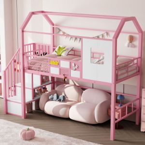 Lit mezzanine en m&eacute;tal 90x200 cm - Avec escalier de rangement - Avec barri&egrave;res de s&eacute;curit&eacute; - Design toit - Rose