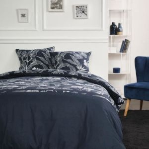 AC-Déco Parures de couettes - Parure de lit double en coton flanelle imprimé floral - Bleu marine - 240 x 260 cm