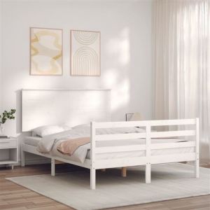 Image de VidaXL Cadre de lit avec tête de lit blanc 140x190 cm bois massif, lit, mobilier de chambre à coucher, lit en bois, lit double, cadre de lit en bois