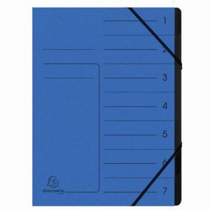Exacompta Réf. 540702E - Carton de 10 trieurs dos agrafé - avec élastiques - couverture imprimée en carte lustrée et intérieur en carte recyclée noire - 7 compartiments - 24,5x 32 cm - A4 - bleu