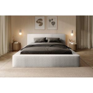 Meublorama - Lit coffre velora – Blanc alpin bouclé – 160x200 cm – Tissu velours doux – Sommier relevable – Rangement intégré