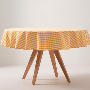 Nappe ronde en coton antitache tissu &agrave; carreaux jaune 160x160cm