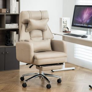 Fauteuil de bureau ergonomique, inclinable 155&deg; avec repose-pieds escamotable, cuir technique, mousse &eacute;paisse - beige