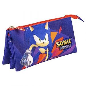 CERDÁ LIFE'S LITTLE MOMENTS Trousse 3 Compartiments Sonic Prime - Rouge et Bleue - 22,5x2x11,5 cm - Trousse en Polyester -