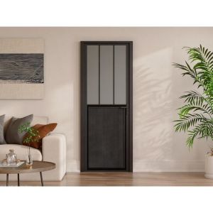 Bloc porte réversible en aluminium et verre trempé dépoli style atelier - H204 x L93 cm - Noir - ERMELO