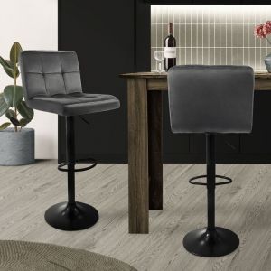 Lot de 2 Tabourets de Bar en Velours, Gris, Chaise Rembourrée avec Dossier et Repose-Pieds, Réglable en Hauteur 63-83cm, Pivotante à 360°, Tabouret
