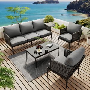 Salon de jardin - Structure Acier - 1 Table basse en verre - 5 personnes - Gris