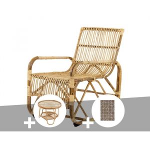 Jardiline Ensemble salon de jardin boh&egrave;me en rotin, fauteuil + table basse + tapis alexand