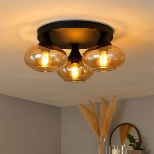 Reality Leuchten Lampe de plafond noire Lampe de salon Lampe de plafond 3 flammes Lampe de couloir, verre ambre, 3x E14, DxH 39 x 15 cm