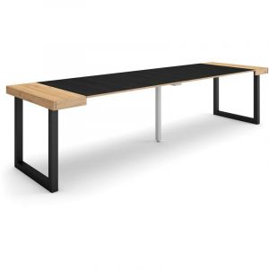 Table console extensible, Console meuble, 300, Pour 14 personnes, Pieds bois massif, Style moderne, Chêne et noir - Skraut Home