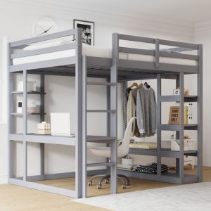 Lit mezzanine 140x200cm multifonction avec bureau int&eacute;gr&eacute; et rangement bois robuste gris (Sans matelas)