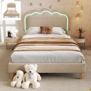 Lit Simple 90 X 200cm avec LumièRe LED Lit 1 Personne TêTe De Lit RéGlable Sommier à Lattes Lit De Jeunesse, Beige