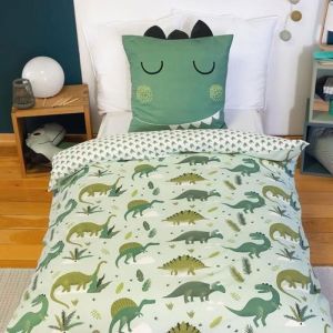 Coté Déco Parure de lit 140x200 cm Enfant - Housse de Couette + 1 Taie d'oreiller 63x63 cm Motif imprimé Dinosaure Vert – en Microfibre