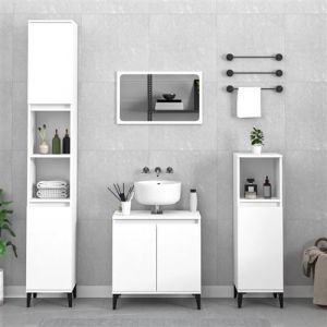 VidaXL Ensemble de Meubles de Salle de Bain 3 pcs, Armoires de Rangement avec Meuble-lavabo, Organisateur Toilette Intérieur, Blanc Bois d'Ingénierie