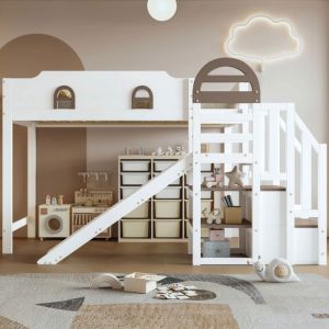 Oem Lit Superpos&eacute; Enfant 90x200cm avec Toboggan et Escalier de Rangement - Barri&egrave;res 4 C&ocirc;t&eacute;s - Jeu et Sommeil 3-en-1 - Blanc