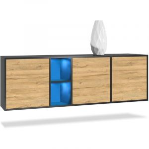 Image de Vladon Buffet Commode Dressoir Cr&eacute;dence LED Cuba Noir mat - Haute brillance - Portes en Ch&ecirc;ne Nature avec &eacute;clairage LED - Portes en Ch&ecirc;ne Nature avec