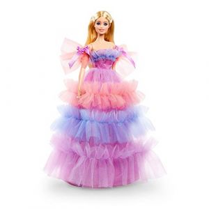 Image de Mattel Signature poupée de Collection Joyeux Anniversaire Blonde avec Robe à Volants Couleur Pastel, Jouet Collector, GTJ85