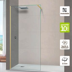 Pare douche fixe en verre s&eacute;curit&eacute; transparent &eacute;p 8mm anti calcaire, L.100H.195 cm, profil&eacute; or bross&eacute;, SUPERBAN Mont Blanc CC