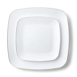 DECORLINE 32 Assiettes Carrées Prestiges Blanches Et Argent