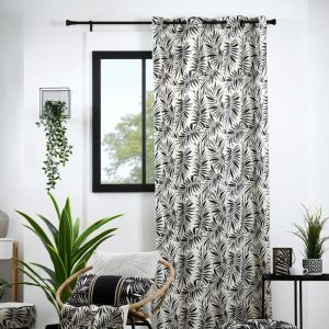 LOVELY CASA Rideau &agrave; oeillets imprim&eacute; feuillage tropical en coton Ecru 140x260 cm