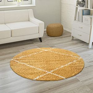 Paco Home - Tapis Shaggy Tapis De Salon Poil Long Poils Longs Motif Diamant Scandinave Jaune, 200 cm rond